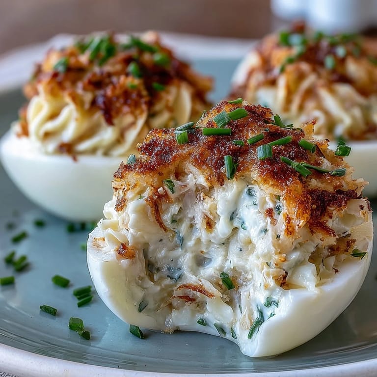 Bite-sized deviled eggs stuffed with lump crab meat, Dijon mustard, and fresh chives, finished with Old Bay for bold flavor.  