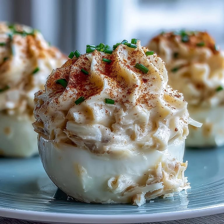 Gourmet deviled eggs featuring a rich crab and celery filling, topped with chives and Old Bay seasoning for a crowd-pleasing treat.
