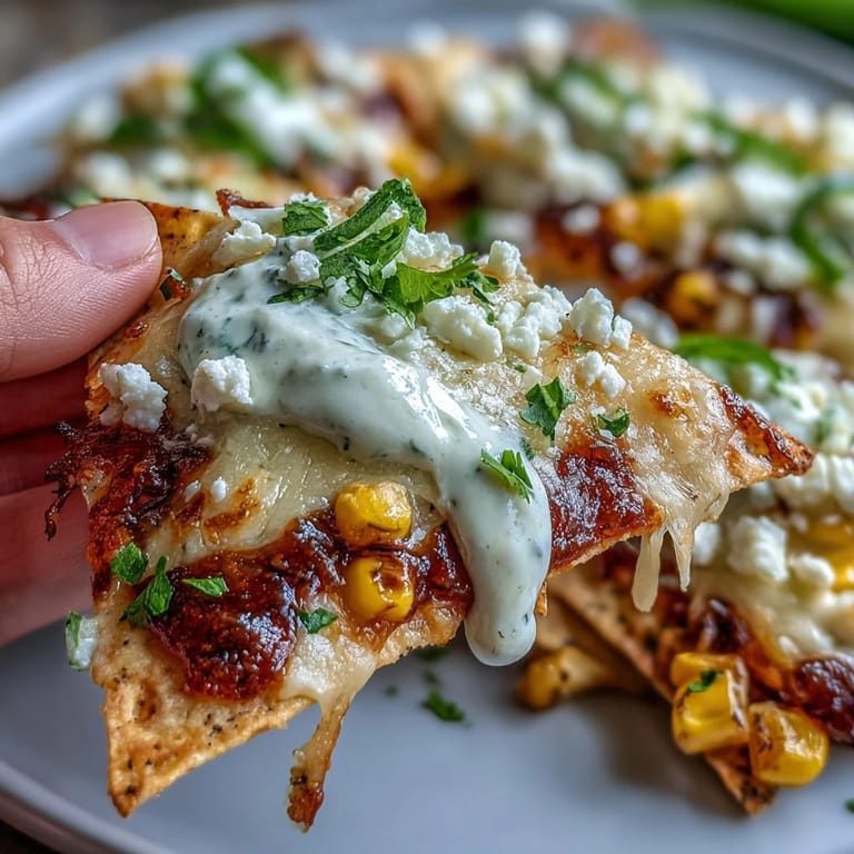 Smoky chipotle crema drizzled over baked nachos with sautéed corn, red onion, and jalapeño, finished with a sprinkle of chili powder and lime wedges.