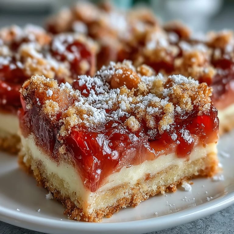 Rich custard and tart rhubarb slices over a crisp shortbread base, dusted with powdered sugar for an elegant treat.