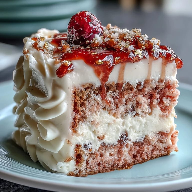 Luscious pink rosé velvet cake, frosted and adorned with a gleaming gold drip.