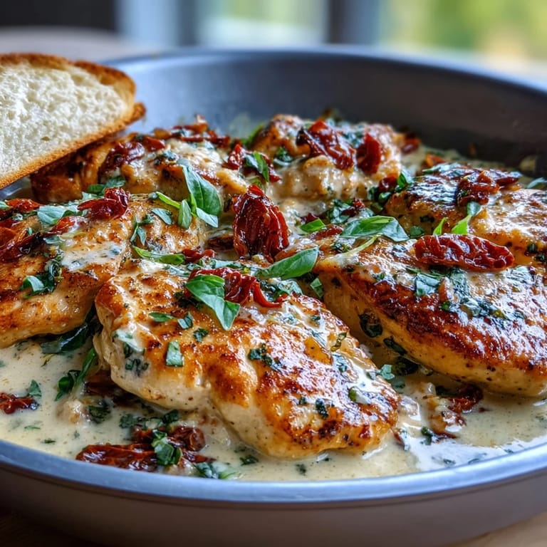 Golden seared chicken breasts simmered in a luscious, herb-infused cream sauce with sun-dried tomatoes and Parmesan.