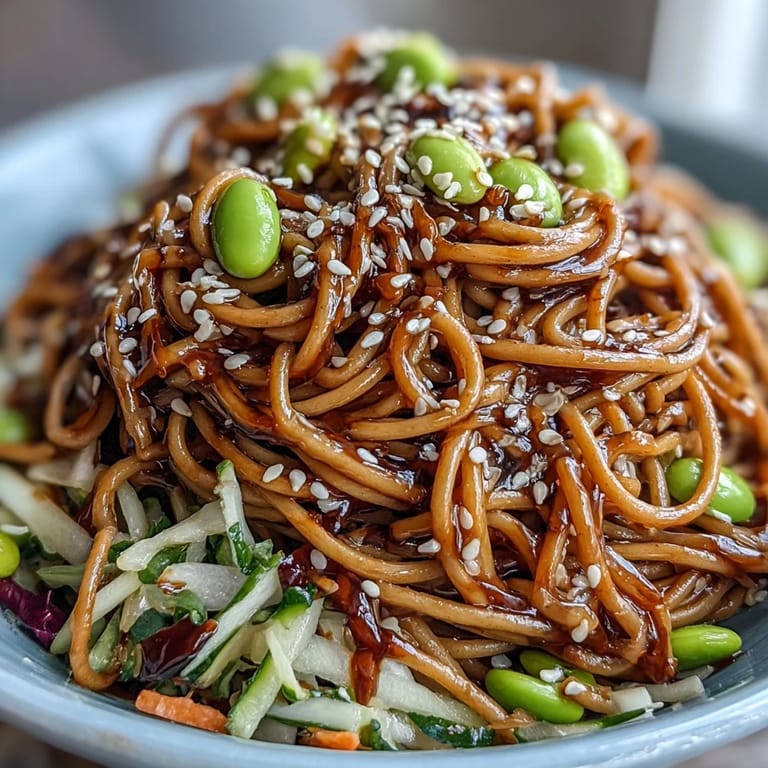 Refreshing sesame ginger noodle bowl with chilled soba, shredded veggies, and a creamy, spicy dressing for a light meal.  