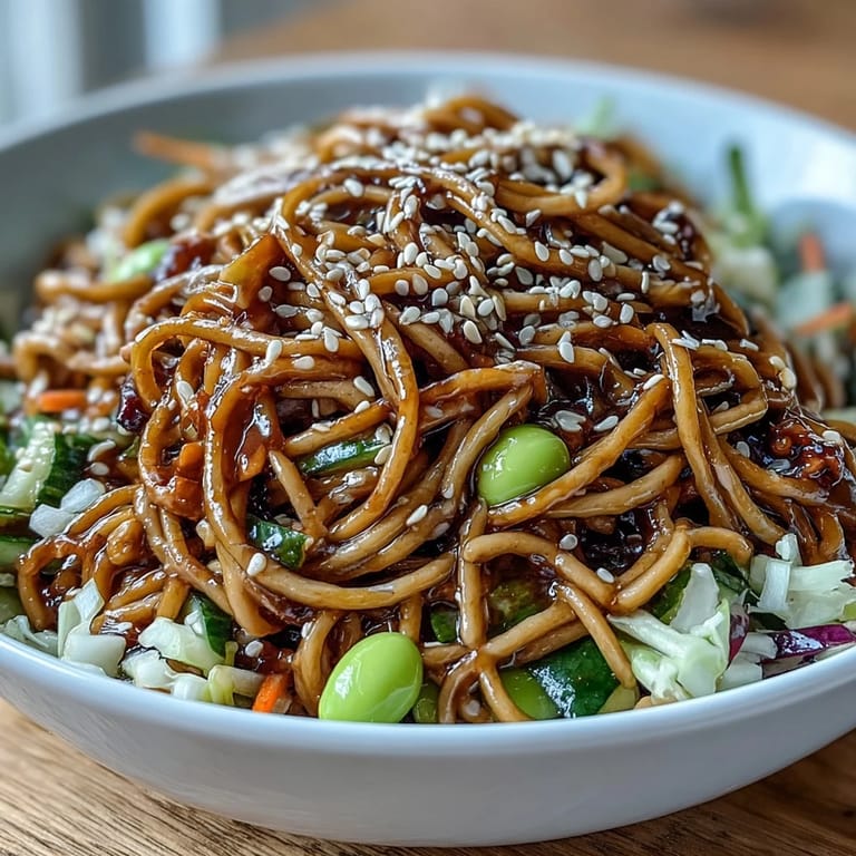 Colorful sesame ginger noodle bowl featuring crisp cabbage, carrots, and edamame in a tangy dressing, perfect for warm days.