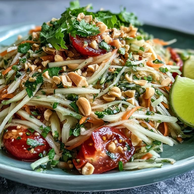 Zesty and refreshing Thai Papaya Salad, a perfect light entree with a lime dressing.