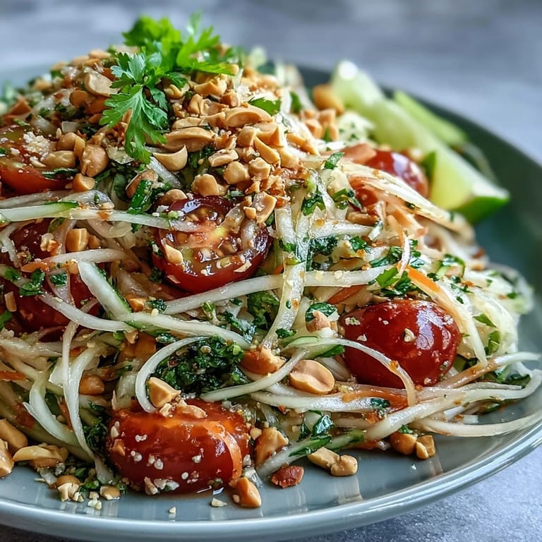 Fresh Som Tam salad showcasing shredded green papaya, bright tomatoes, and toasted peanuts.
