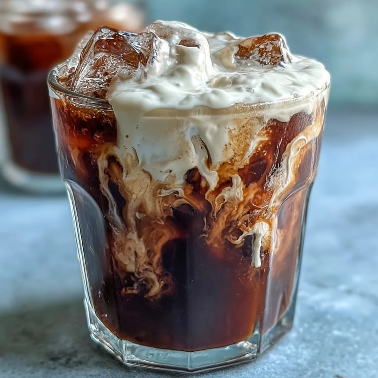 Velvety cold brew coffee layered generously with homemade vanilla sweet cream on ice.
