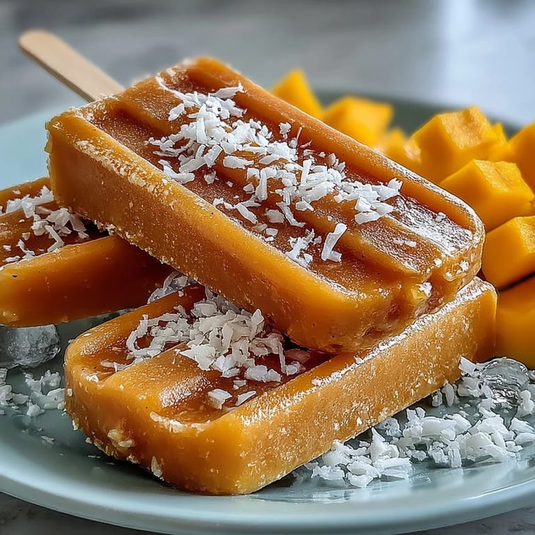 Refreshing homemade vegan mango coconut popsicles, perfect with a hint of vanilla.
