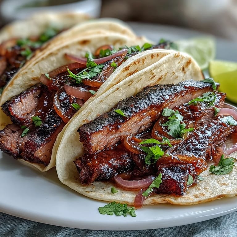 Juicy smoked brisket tacos piled high with zesty pickled onions and toppings.