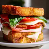 Golden, breaded chicken cutlets topped with melted mozzarella, fresh basil, and ripe tomato slices on toasted ciabatta.