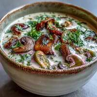 Creamy homemade Mushroom Soup simmering in a pot with fresh thyme and a ladle ready to serve.