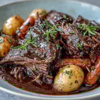 Close-up of tender, shredded Beef Pot Roast in rich, glossy gravy, with soft carrots and baby potatoes on a white platter.