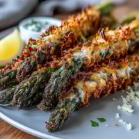 Golden-brown Crispy Asiago Asparagus Spears arranged on a platter with lemon wedges and creamy dip.