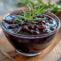 A spoon lifts glossy Black Currant and Rosemary Reduction from a small saucepan, showing its deep purple, syrupy texture. Steam curls above the fragrant sauce, flecked with finely chopped shallots, ready for drizzling over roasted duck or lamb.
