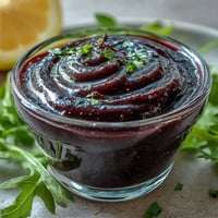 A glass jar of homemade Black Currant Vinaigrette sits on a rustic wooden table, showcasing the deep purple hue and floating shallot specks.