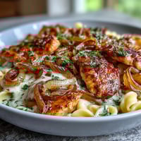One-pot French Onion Chicken Pasta with tender chicken and caramelized onions in a creamy cheese sauce.