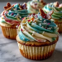 Spring cupcakes with pastel butterfly buttercream topped with colorful frosting and edible butterfly decorations.