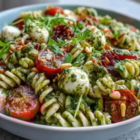A colorful bowl of summer pasta salad with pesto, cherry tomatoes, and mozzarella, perfect for picnics and warm-weather meals.