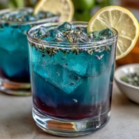 Vibrant butterfly pea flower lemonade with color-changing blue to purple hues in a clear glass pitcher.