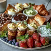 Festive Easter brunch board with deviled eggs, fresh fruit, and pastries for sharing.  