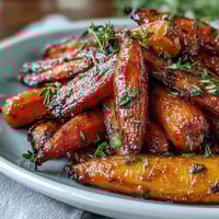 Glazed honey roasted carrots with fresh thyme, caramelized to perfection for a sweet and savory side dish.
