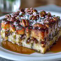 Warm capirotada Mexicana with toasted bolillo bread, piloncillo syrup, nuts, raisins, and melted cheese in a golden casserole dish.