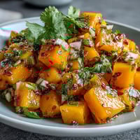 Fresh mango habanero salsa with juicy tropical fruit and fiery habanero peppers in a colorful bowl.
