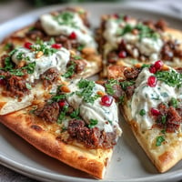 Vibrant spiced lamb flatbread pizza topped with creamy Greek yogurt, fresh mint, and juicy pomegranate seeds.