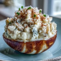 Elegant crab cake deviled eggs with creamy crab filling and a sprinkle of zesty Old Bay seasoning for a gourmet appetizer.  