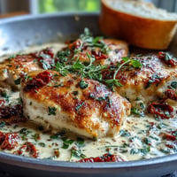 Creamy Marry Me Chicken with sun-dried tomatoes and garlic in a rich Parmesan sauce, garnished with fresh basil.