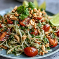 Vibrant Thai Papaya Salad, brimming with lime, chili, and crunchy peanuts.