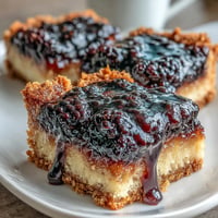 Glossy blackberry lemon bars on buttery shortbread, perfect for dessert.