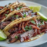 Smoked brisket tacos showcasing tender meat, vibrant pickled onions, and fresh cilantro.
